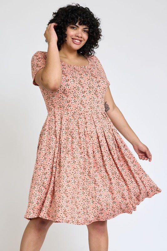Plus Floral Short Sleeve Pleated Midi Dress - Blu Lotus Boutique