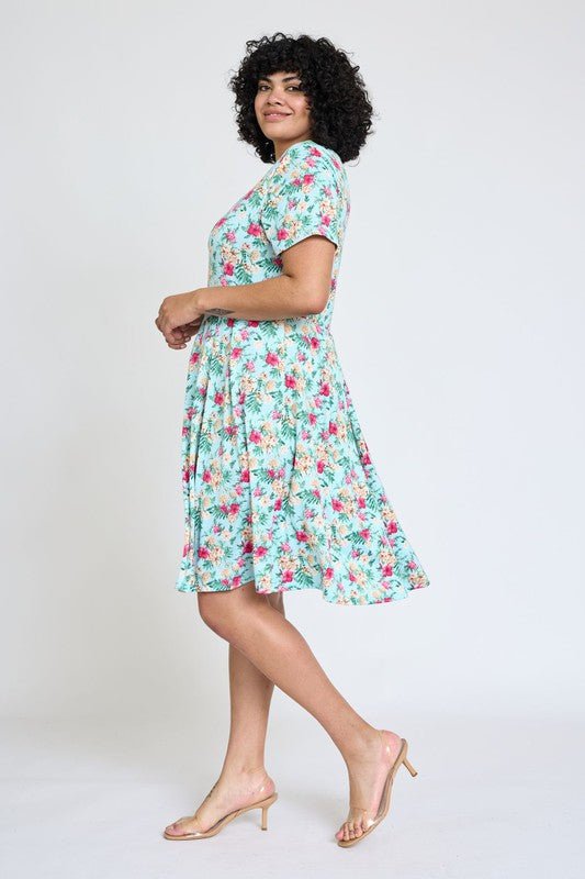 Plus Floral Short Sleeve Pleated Midi Dress - Blu Lotus Boutique
