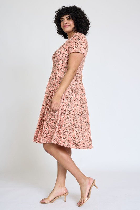 Plus Floral Short Sleeve Pleated Midi Dress - Blu Lotus Boutique