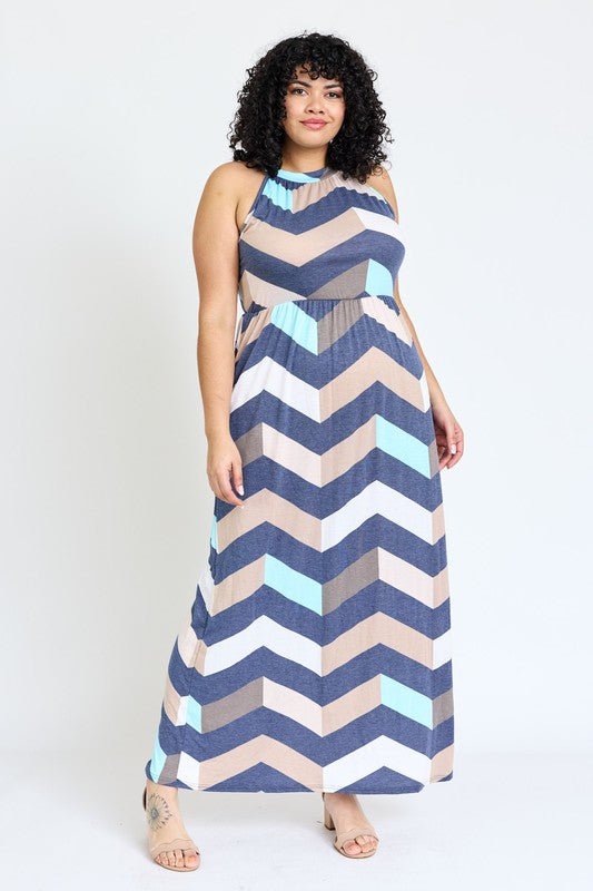Plus Halter Neck Chevron Maxi Dress - Blu Lotus Boutique