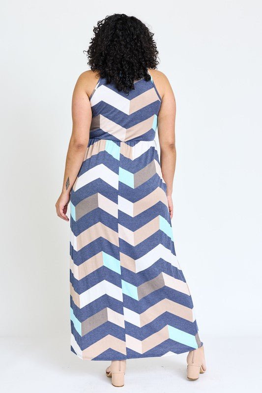 Plus Halter Neck Chevron Maxi Dress - Blu Lotus Boutique