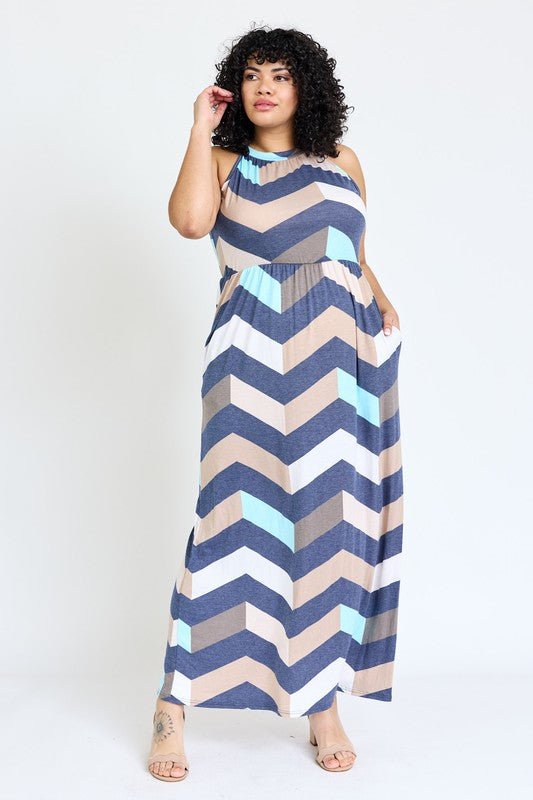 Plus Halter Neck Chevron Maxi Dress - Blu Lotus Boutique
