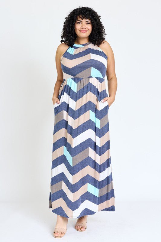 Plus Halter Neck Chevron Maxi Dress - Blu Lotus Boutique