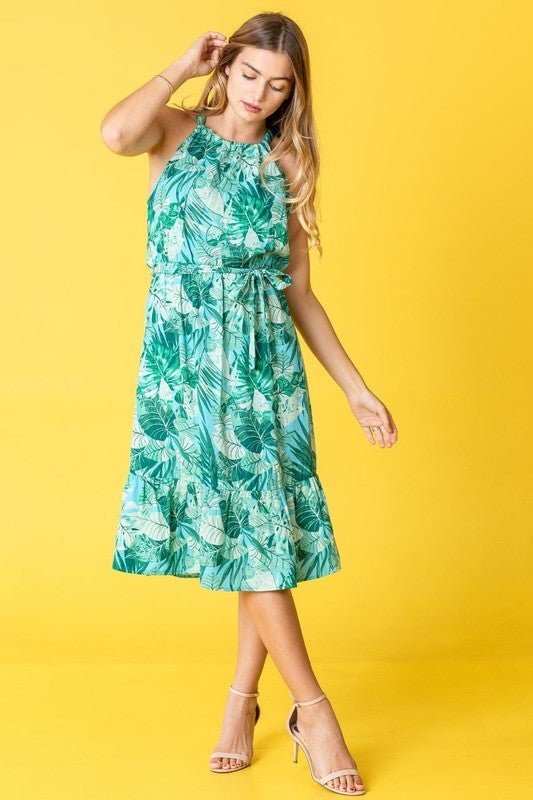 Plus Halter Neck Tropical Sash Dress - Blu Lotus Boutique