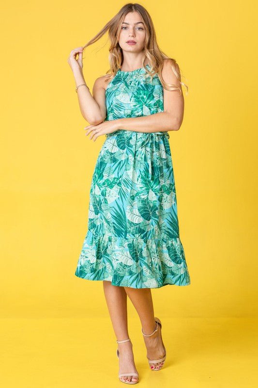 Plus Halter Neck Tropical Sash Dress - Blu Lotus Boutique