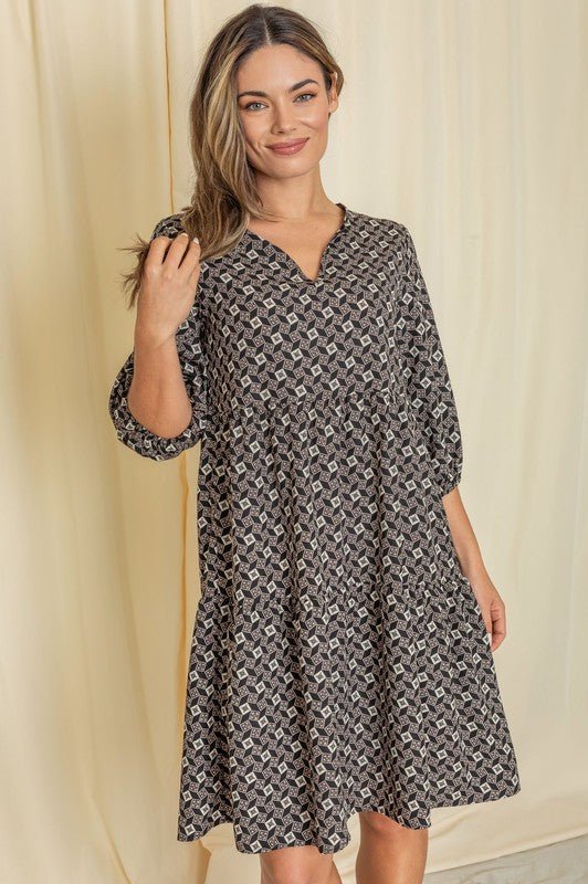 Plus Square Print Notch Neck Midi Dress - Blu Lotus Boutique