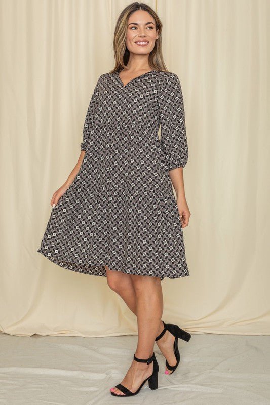 Plus Square Print Notch Neck Midi Dress - Blu Lotus Boutique