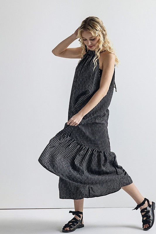 Plus Stripe High Ruffle Neckline Tiered Maxi Dress - Blu Lotus Boutique