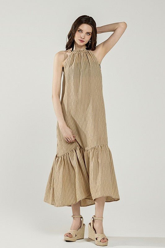 Plus Stripe High Ruffle Neckline Tiered Maxi Dress - Blu Lotus Boutique