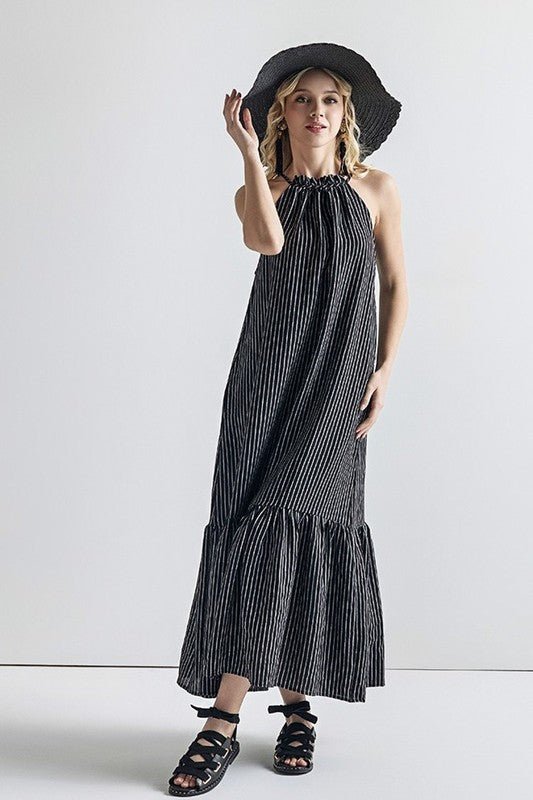 Plus Stripe High Ruffle Neckline Tiered Maxi Dress - Blu Lotus Boutique
