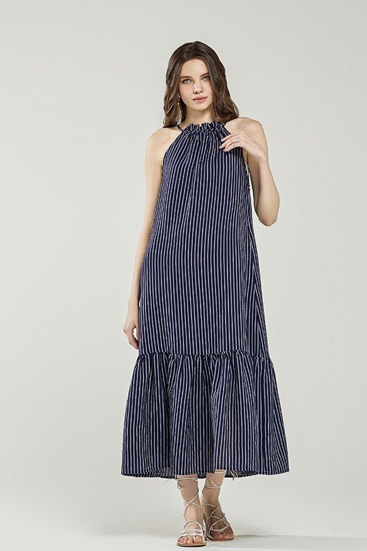 Plus Stripe High Ruffle Neckline Tiered Maxi Dress - Blu Lotus Boutique