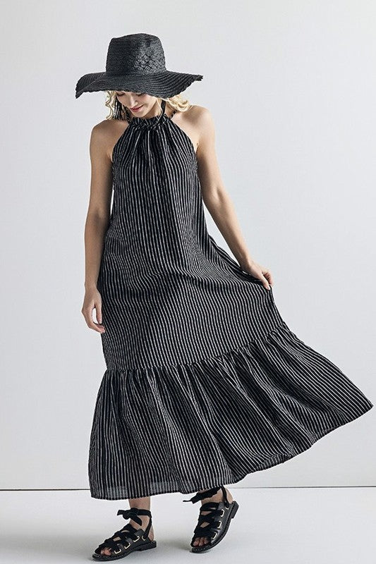 Plus Stripe High Ruffle Neckline Tiered Maxi Dress - Blu Lotus Boutique
