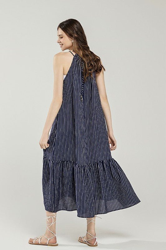 Plus Stripe High Ruffle Neckline Tiered Maxi Dress - Blu Lotus Boutique