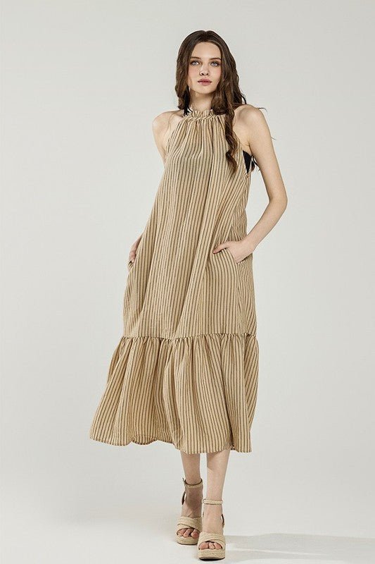 Plus Stripe High Ruffle Neckline Tiered Maxi Dress - Blu Lotus Boutique