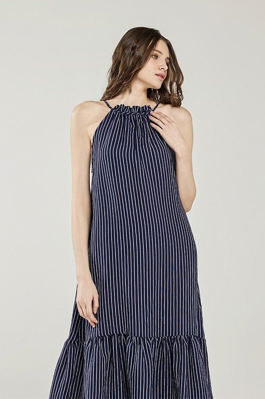 Plus Stripe High Ruffle Neckline Tiered Maxi Dress - Blu Lotus Boutique