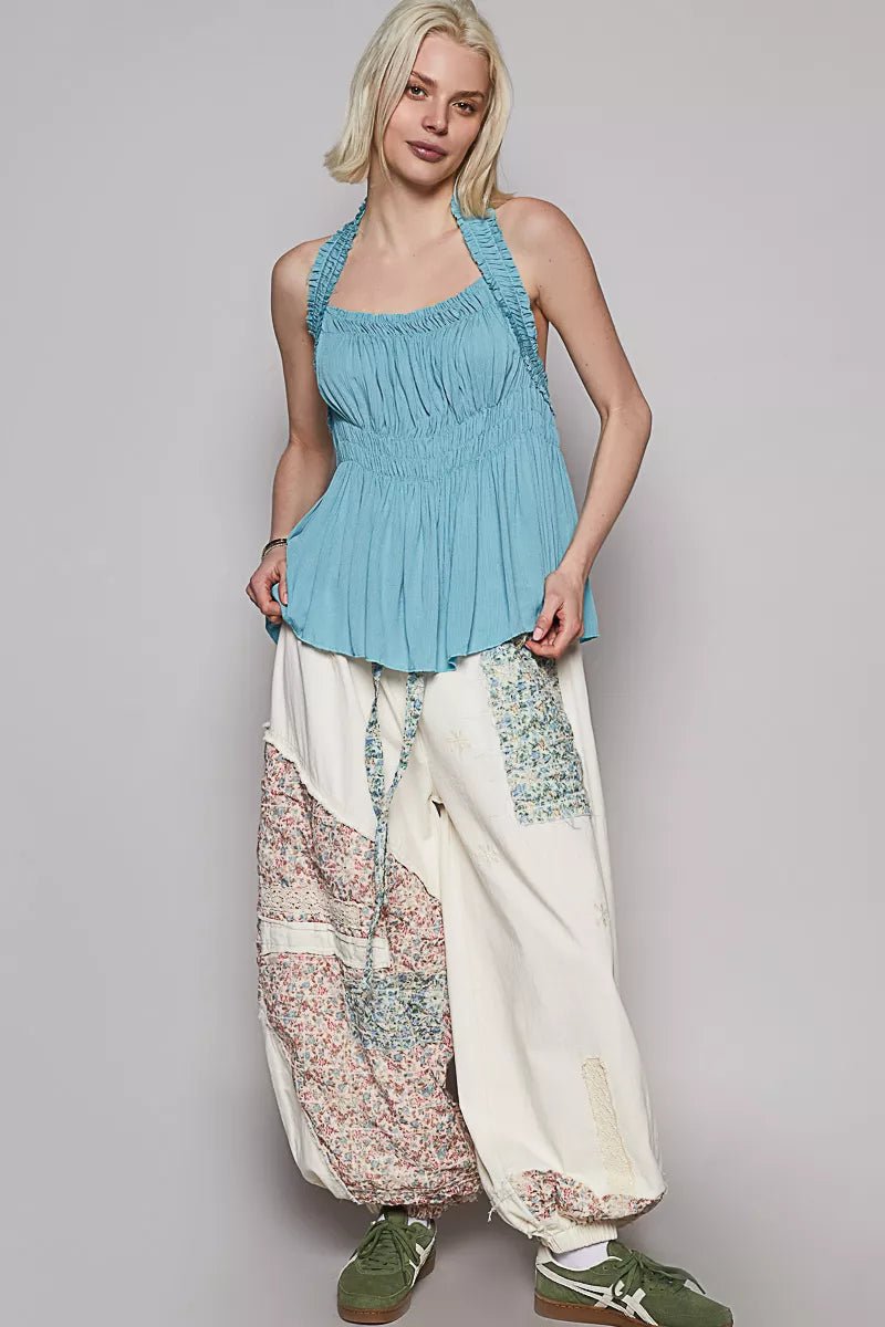 POL Backless Halter Sleeveless Top with Smocking Shirring Detail - Blu Lotus Boutique