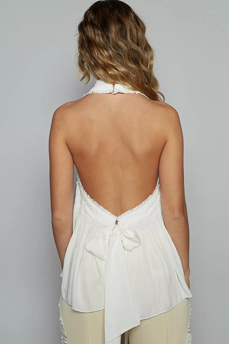 POL Backless Halter Sleeveless Top with Smocking Shirring Detail - Blu Lotus Boutique