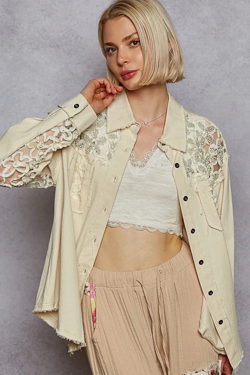 POL Button Down Raw Edg Shirt with Pearl Lace Patch - Blu Lotus Boutique