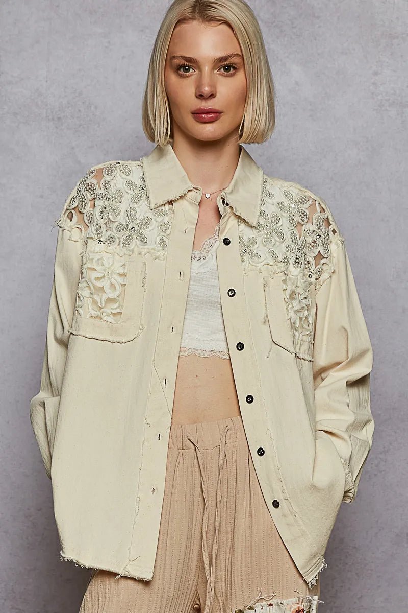 POL Button Down Raw Edg Shirt with Pearl Lace Patch - Blu Lotus Boutique