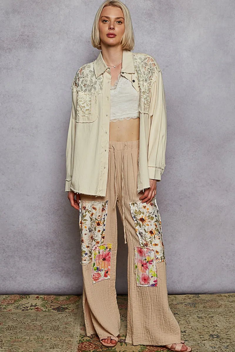 POL Button Down Raw Edg Shirt with Pearl Lace Patch - Blu Lotus Boutique