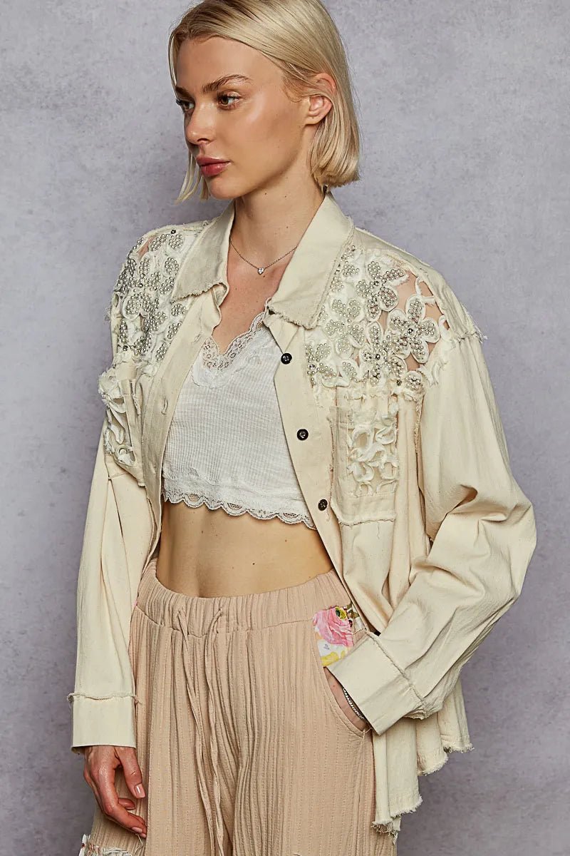 POL Button Down Raw Edg Shirt with Pearl Lace Patch - Blu Lotus Boutique