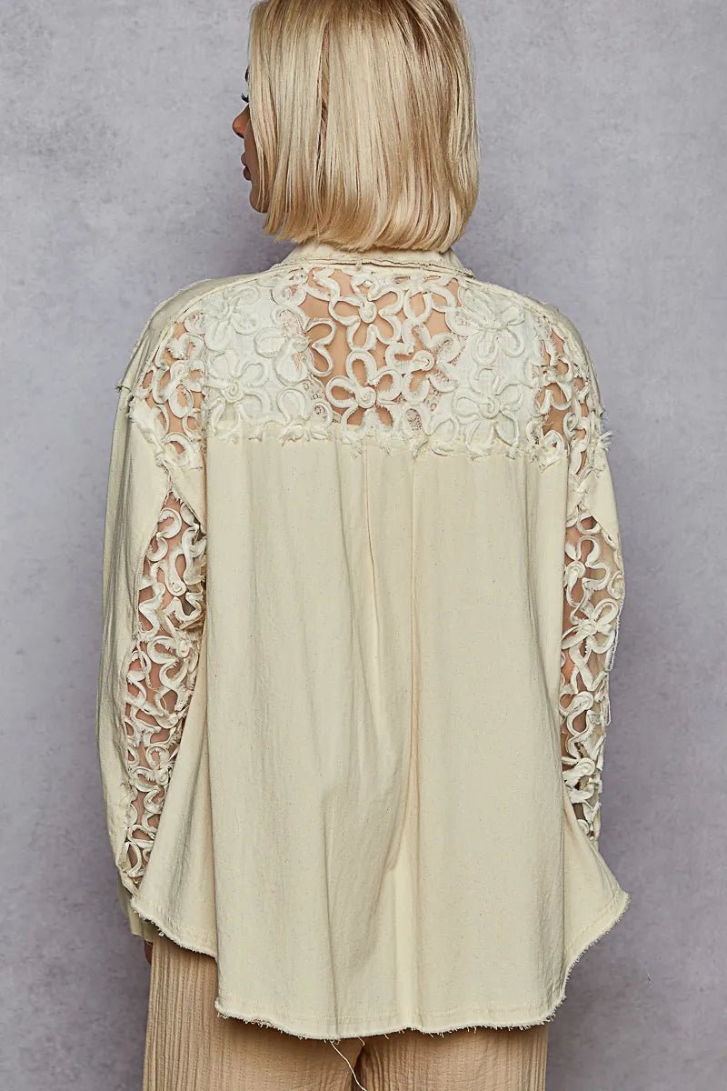 POL Button Down Raw Edg Shirt with Pearl Lace Patch - Blu Lotus Boutique