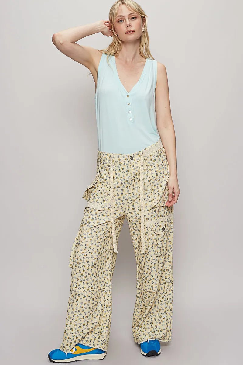 POL Floral Cargo Wide Leg Pants with Lace Drawstring - Blu Lotus Boutique