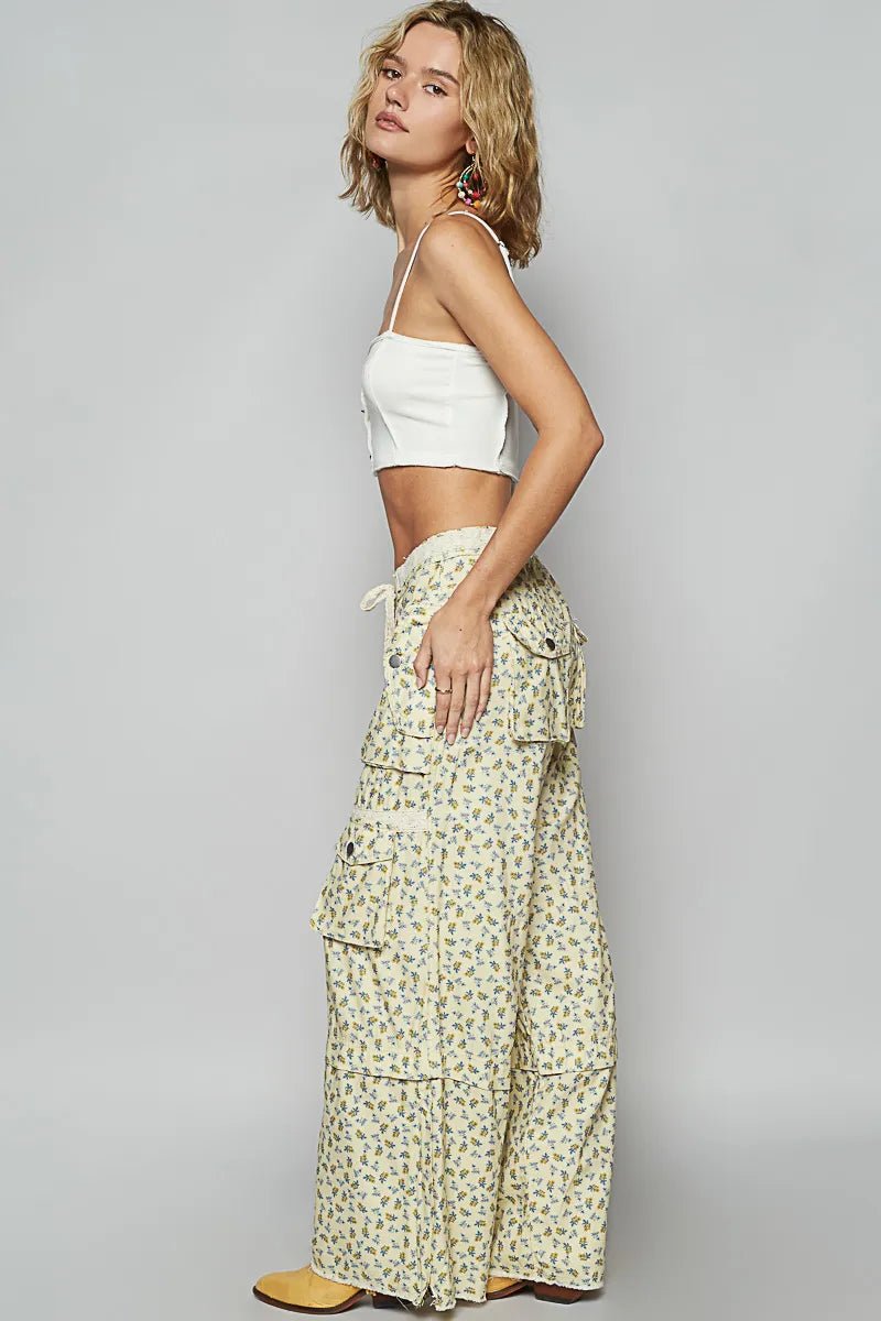 POL Floral Cargo Wide Leg Pants with Lace Drawstring - Blu Lotus Boutique
