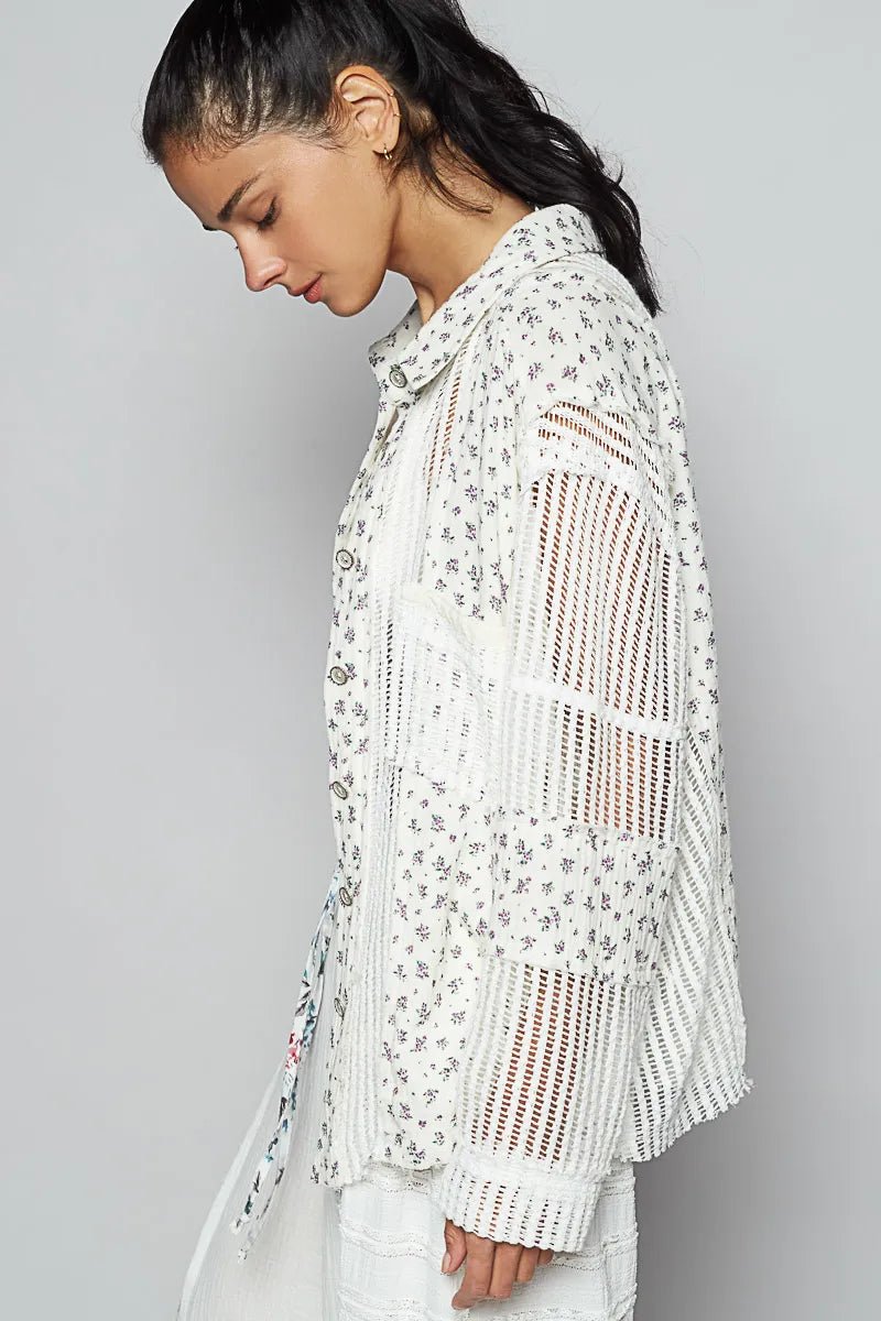 POL Floral Crochet Patchwork Long Sleeve Shirt - Blu Lotus Boutique