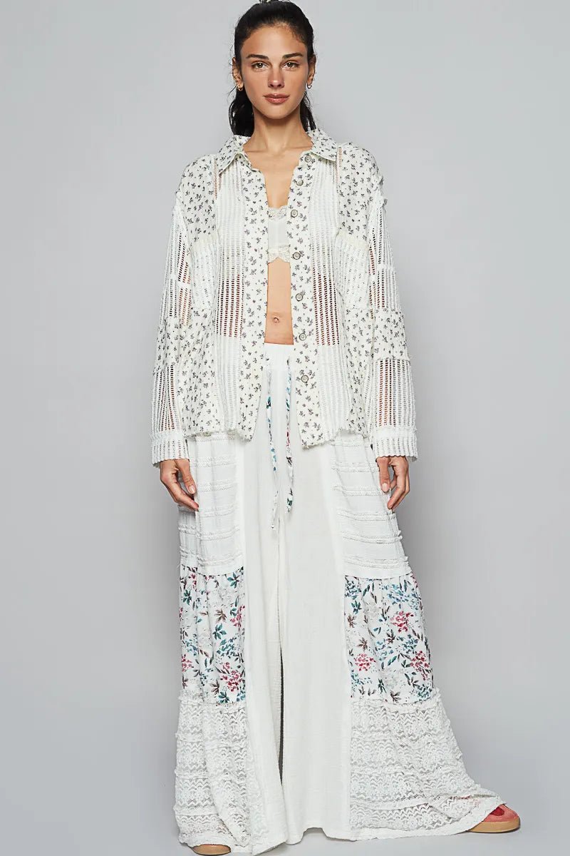 POL Floral Crochet Patchwork Long Sleeve Shirt - Blu Lotus Boutique