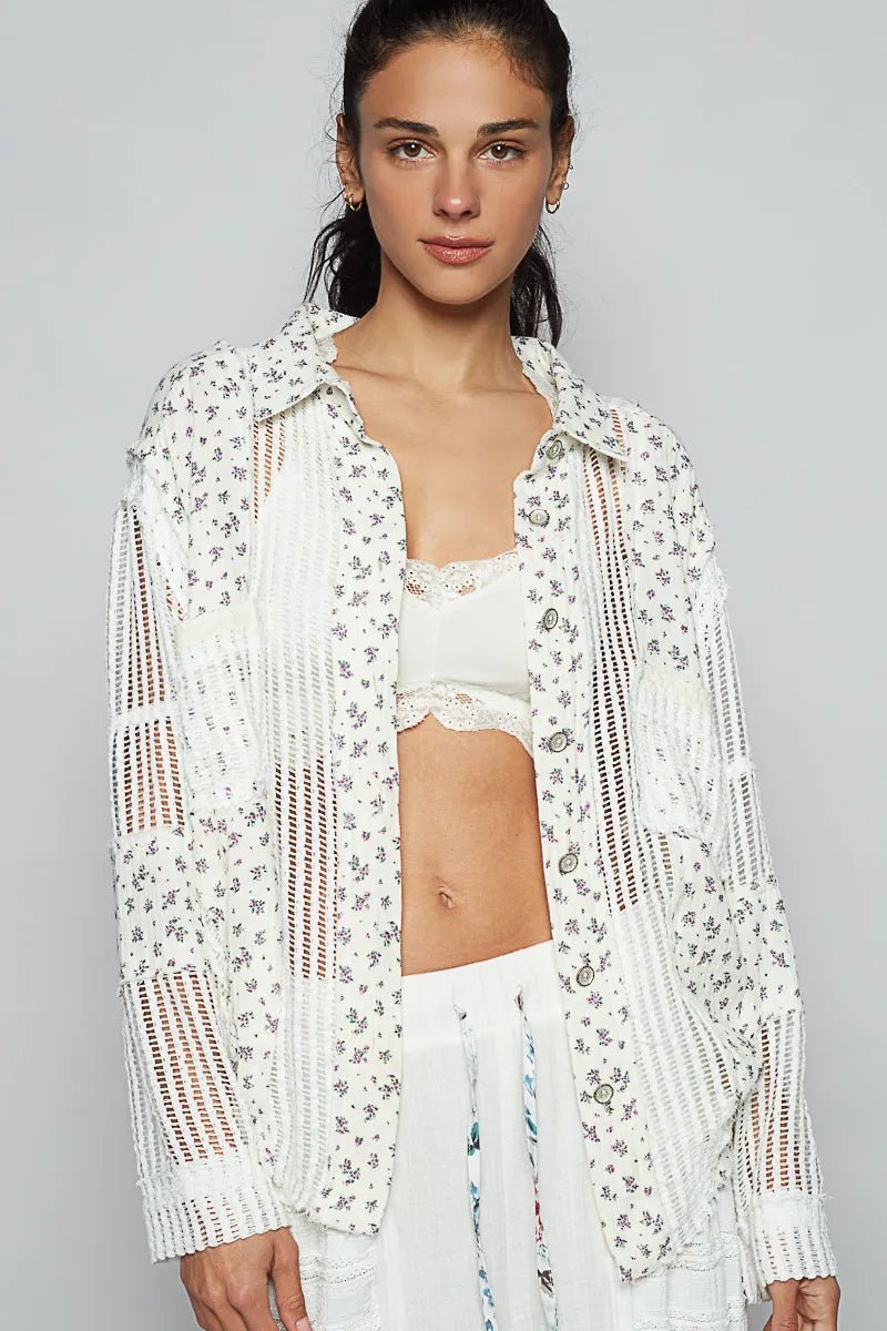 POL Floral Crochet Patchwork Long Sleeve Shirt - Blu Lotus Boutique