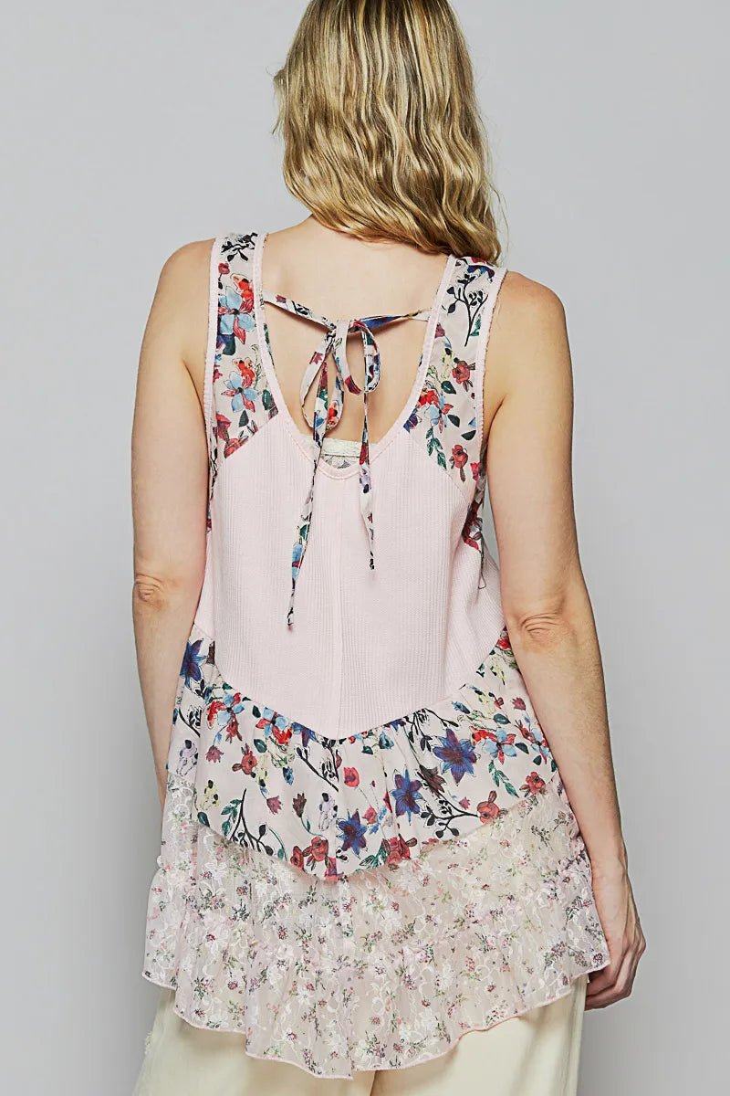 POL Floral Print Scoop Neck Tank with Lace Trim - Blu Lotus Boutique