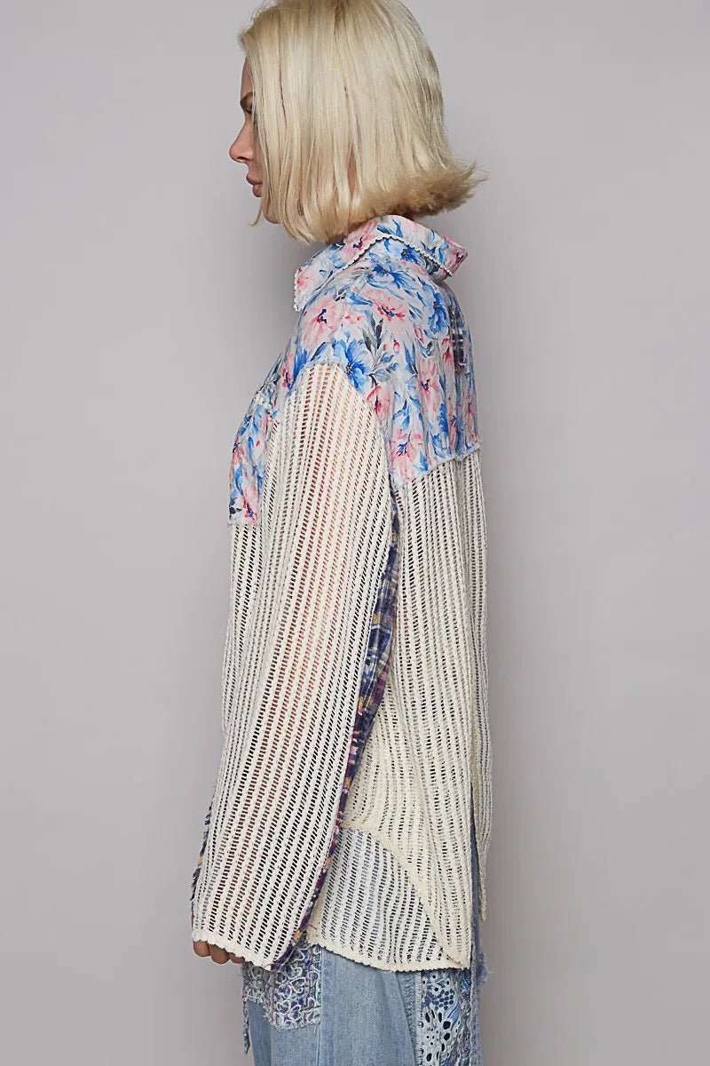 POL Floral Slit Back Plaid Patchwork Shirt - Blu Lotus Boutique