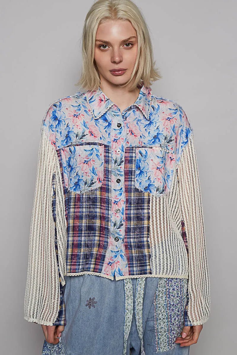 POL Floral Slit Back Plaid Patchwork Shirt - Blu Lotus Boutique