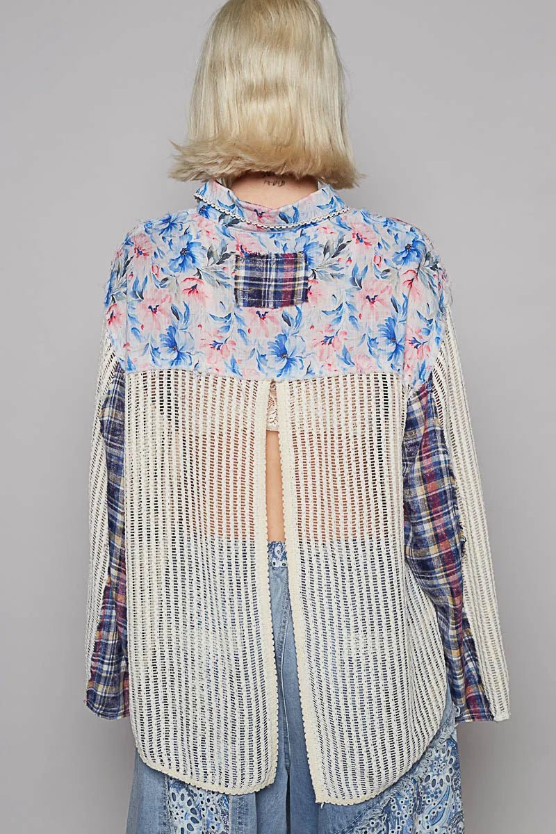 POL Floral Slit Back Plaid Patchwork Shirt - Blu Lotus Boutique