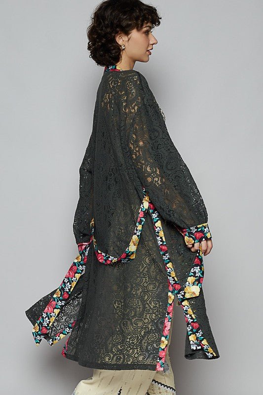 POL Floral Trim Lace Open Front Longline Cardigan - Blu Lotus Boutique