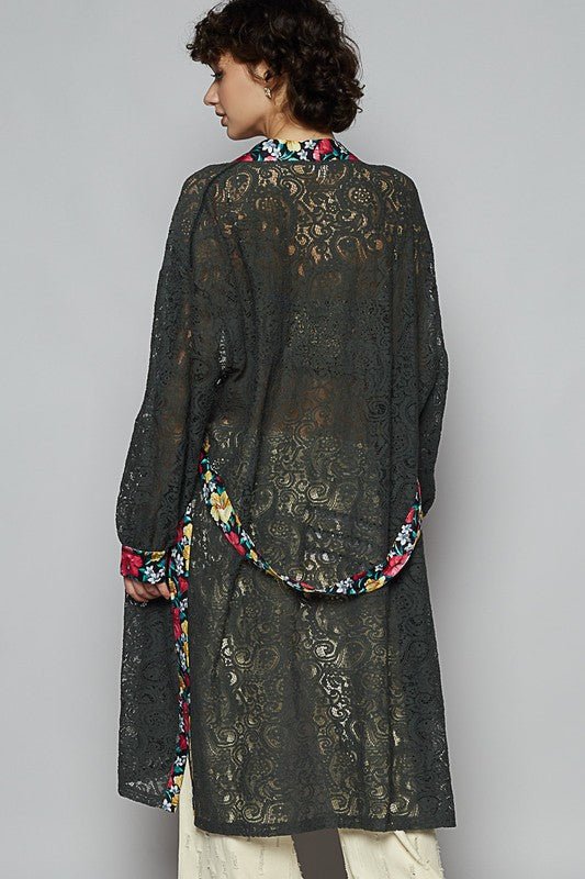 POL Floral Trim Lace Open Front Longline Cardigan - Blu Lotus Boutique