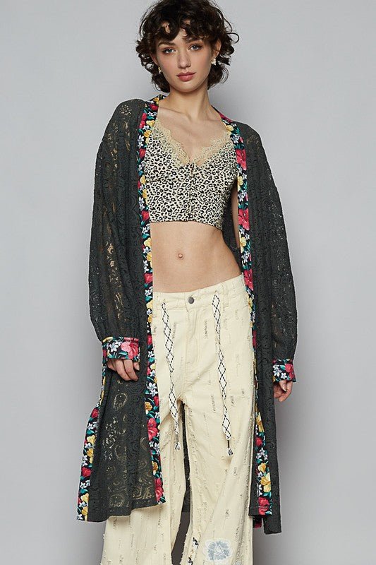 POL Floral Trim Lace Open Front Longline Cardigan - Blu Lotus Boutique