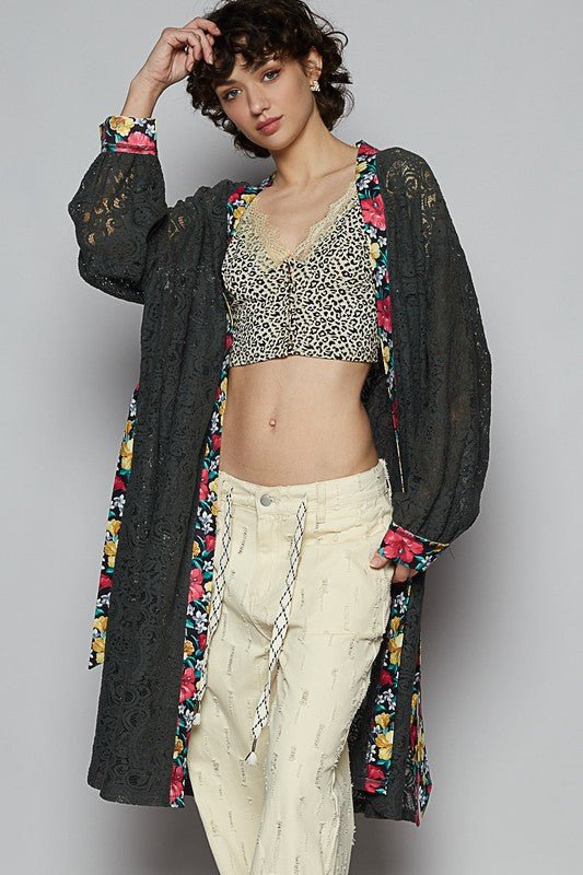 POL Floral Trim Lace Open Front Longline Cardigan - Blu Lotus Boutique