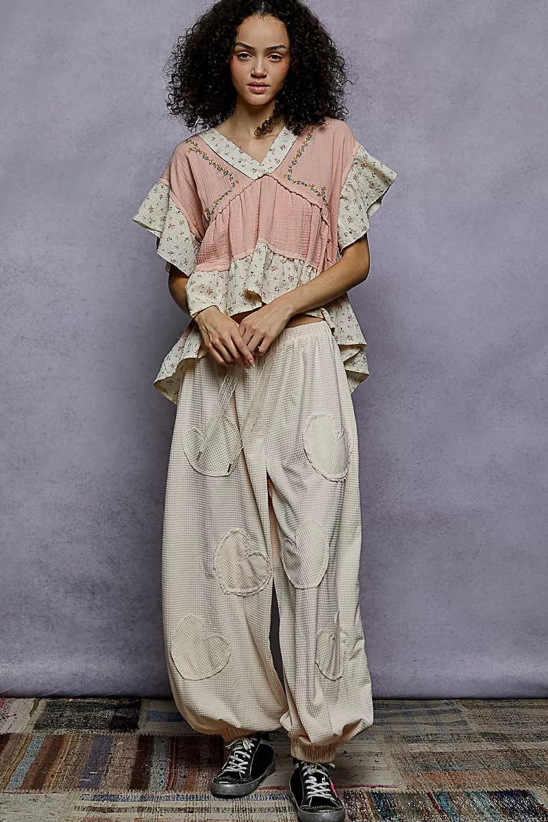 POL Floral V - Neck Short Sleeve Ruffled Double Gauze Blouse with Embroidery Detail - Blu Lotus Boutique