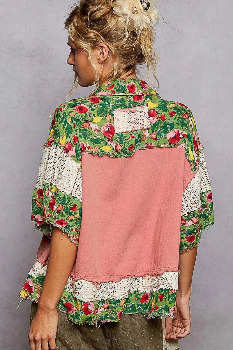 POL Lace Patch Floral Half Sleeve Shacket - Blu Lotus Boutique
