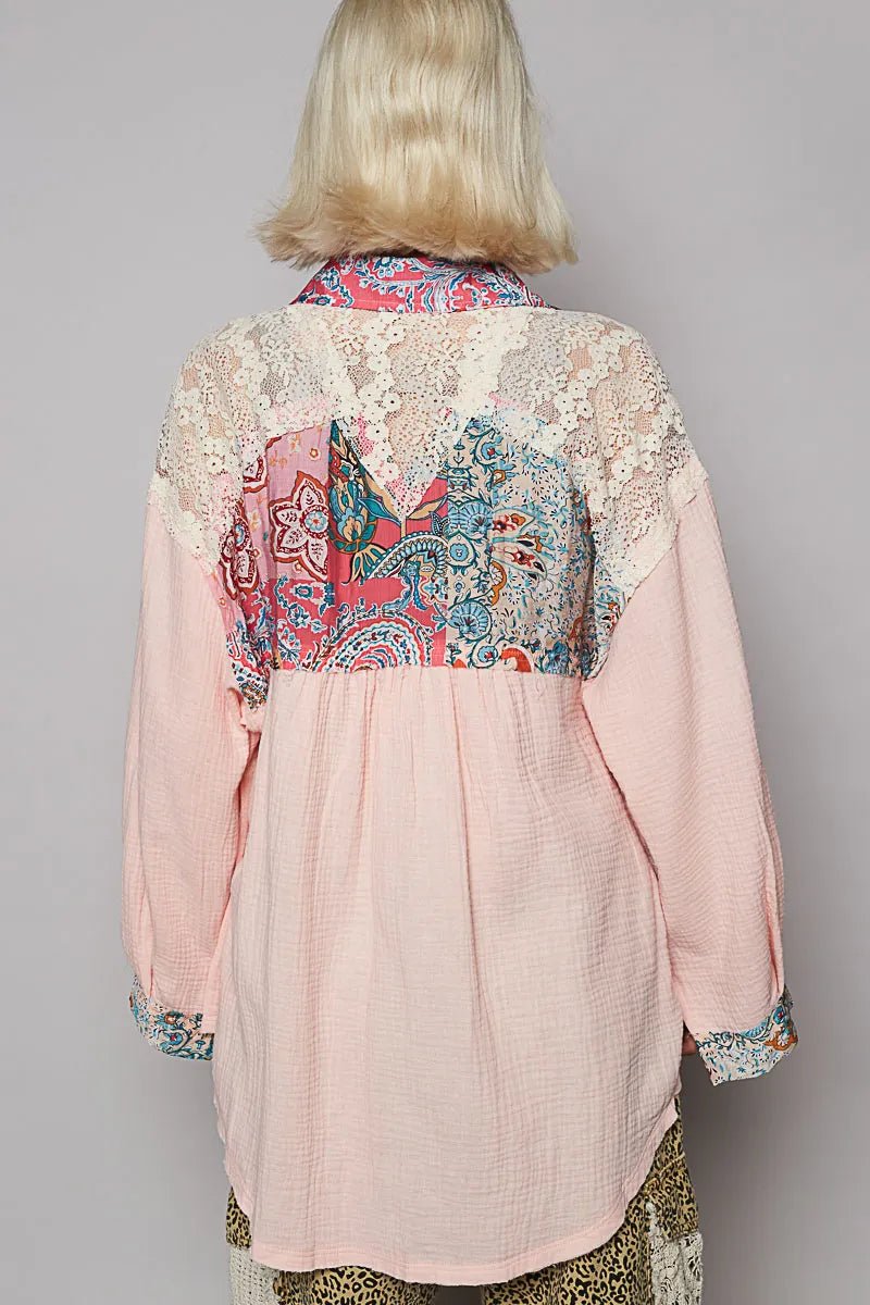 POL Lace Patchwork Floral Trim Long Sleeve Shirt - Blu Lotus Boutique