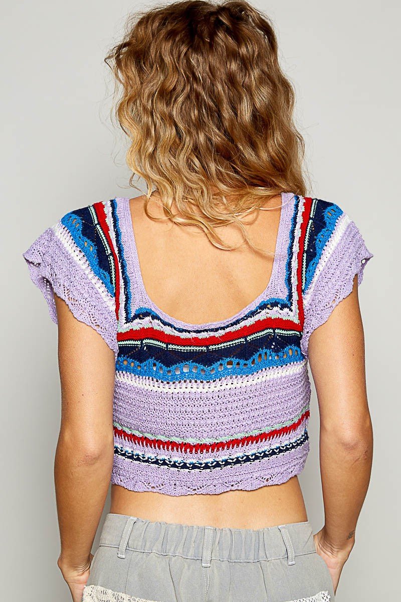 POL Openwork Ethnic Pattern Square Neck Cropped Knit Top - Blu Lotus Boutique