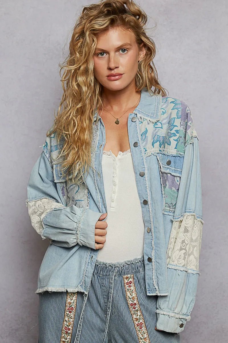 POL Printed Woven Mix Raw Hem Jacket with Lace Detail - Blu Lotus Boutique