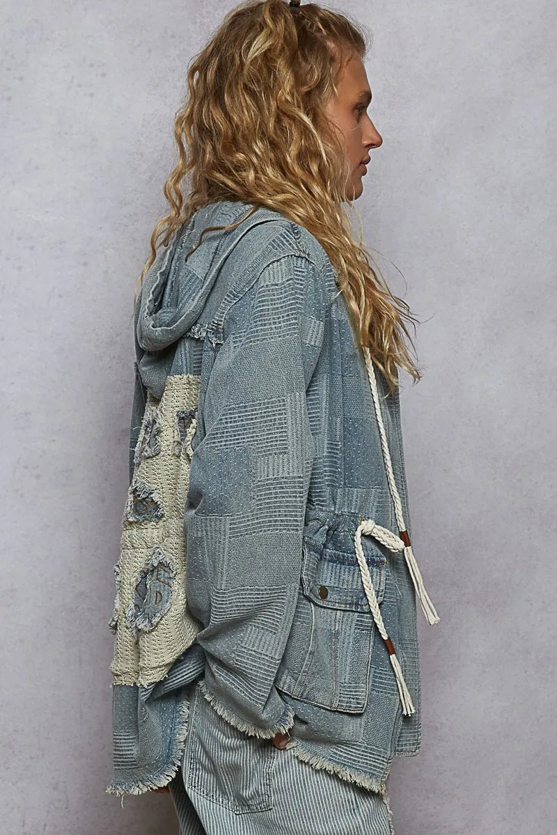 POL Raw Hem Drawstring Zip Up Hooded Denim Jacket - Blu Lotus Boutique