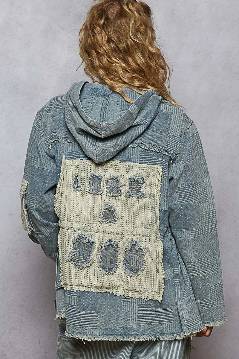 POL Raw Hem Drawstring Zip Up Hooded Denim Jacket - Blu Lotus Boutique