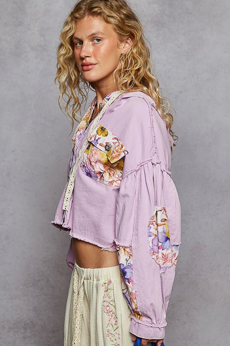 POL Raw Hem Floral Print Cropped Hooded Jacket - Blu Lotus Boutique