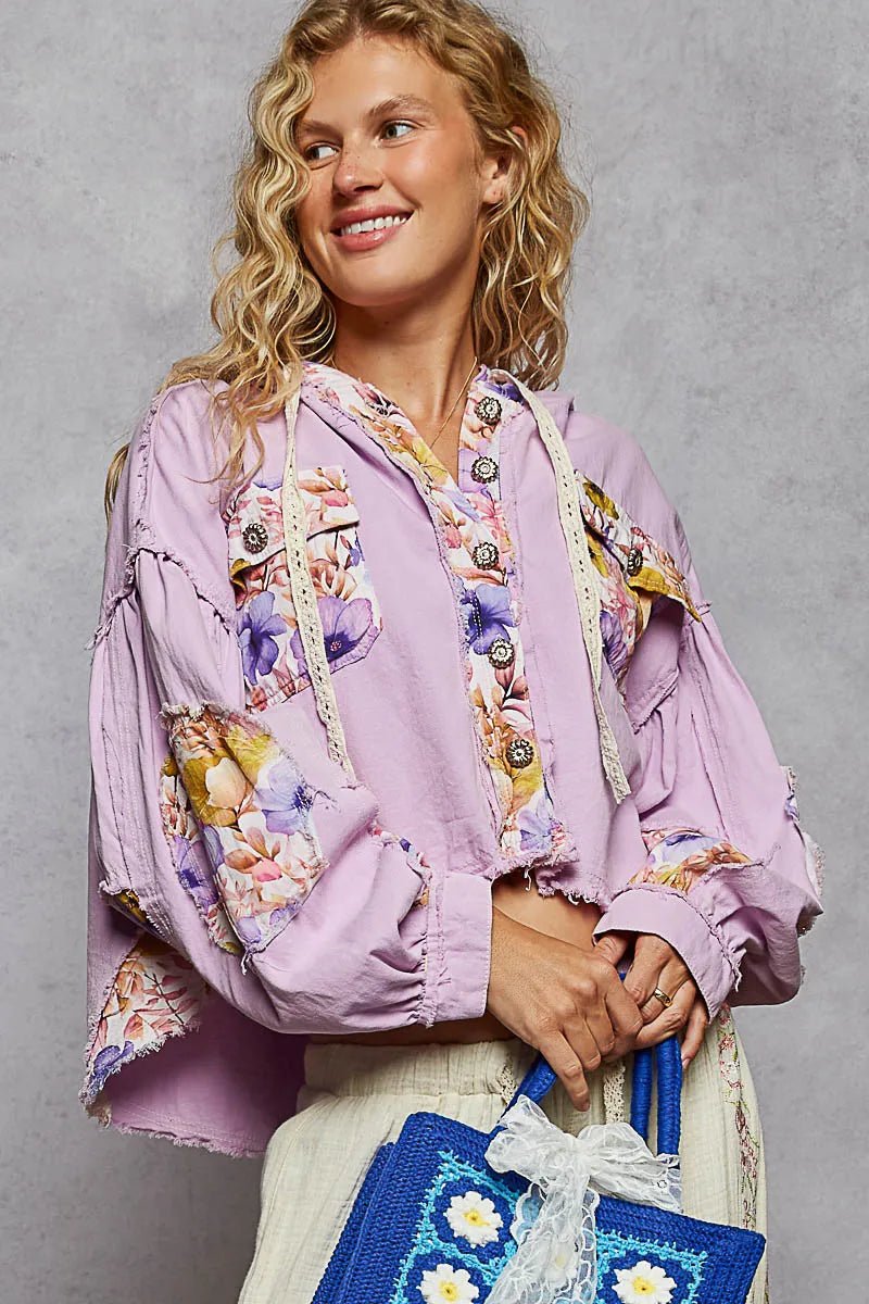 POL Raw Hem Floral Print Cropped Hooded Jacket - Blu Lotus Boutique