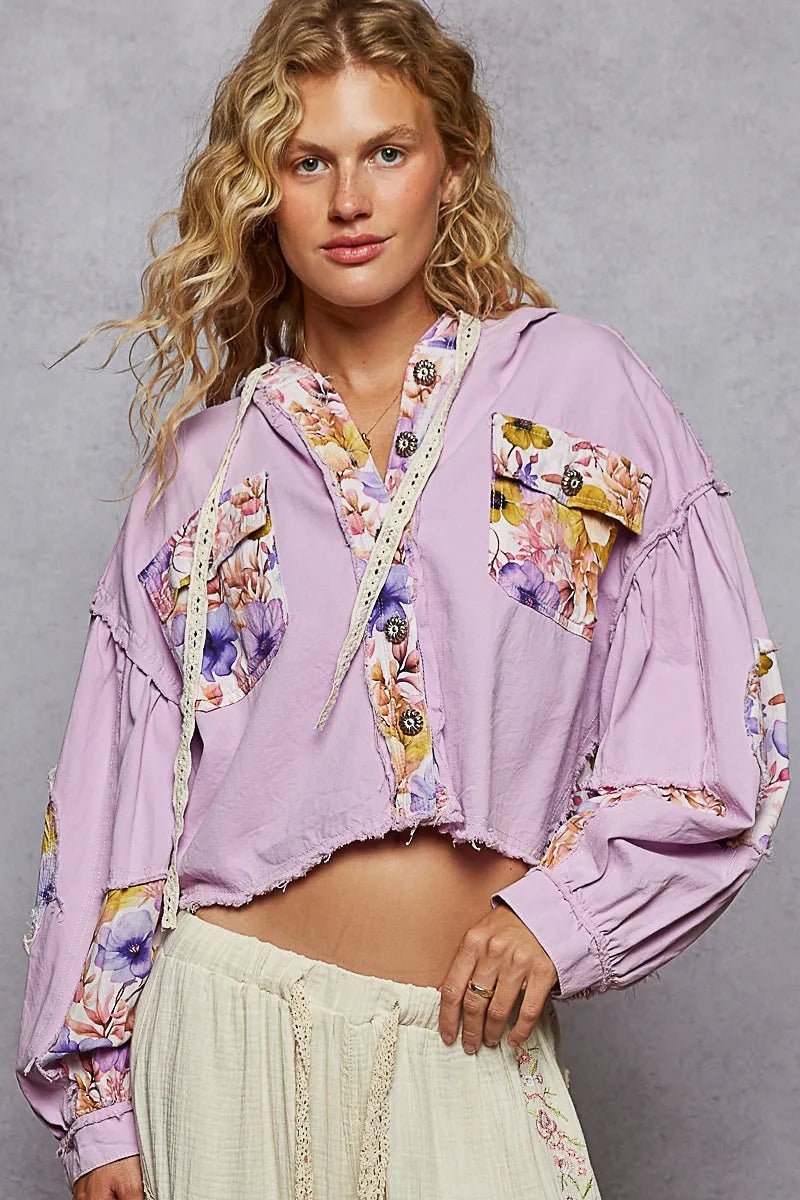 POL Raw Hem Floral Print Cropped Hooded Jacket - Blu Lotus Boutique