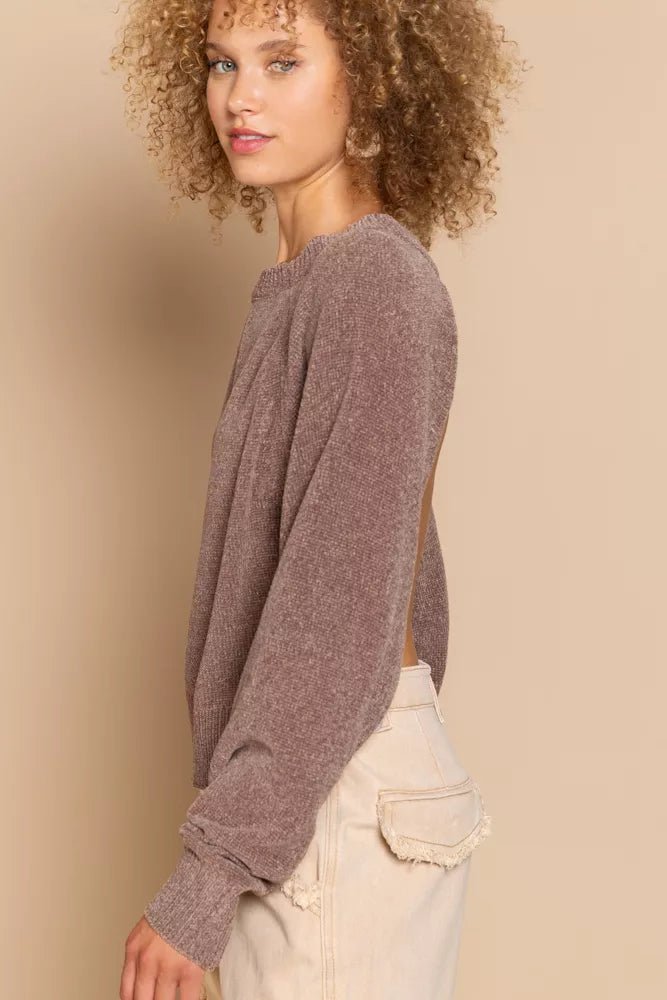 POL Round Neck Backless Sweater with Ribbed Edge - Blu Lotus Boutique